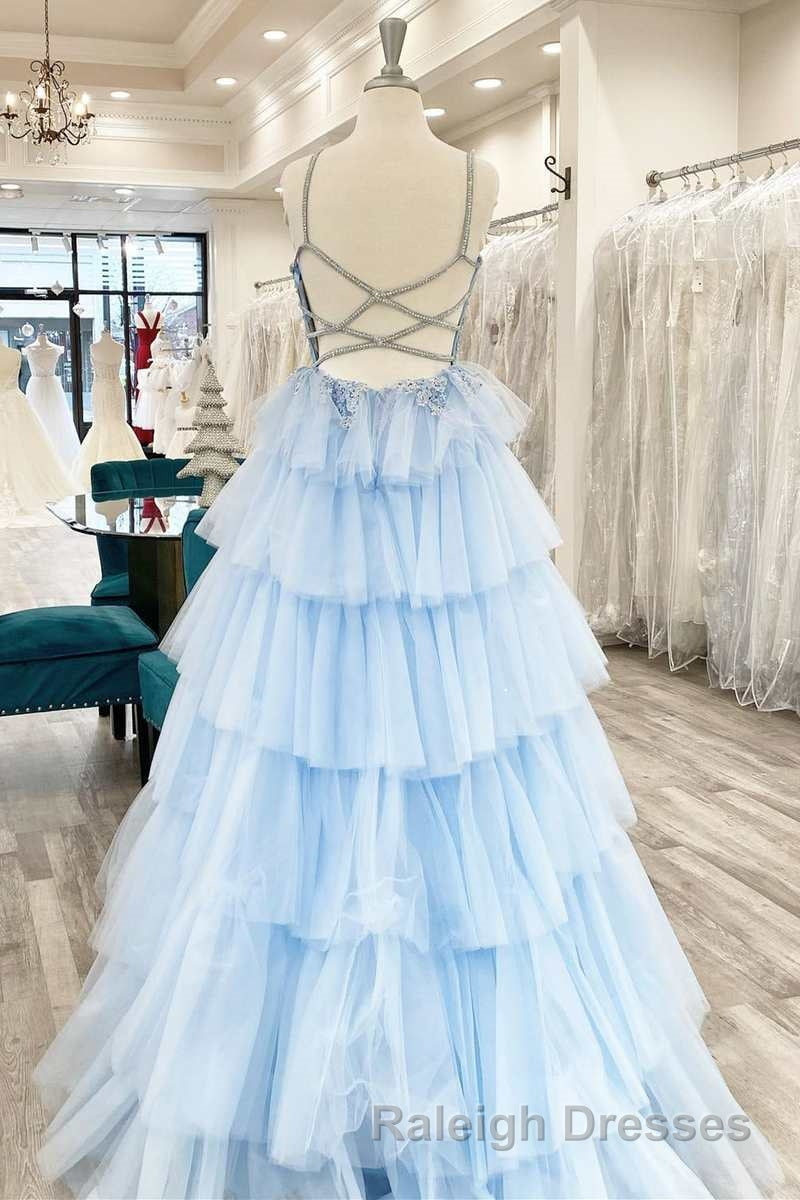Floral Lace V Neck Multi-Tiered A Line Prom Dresses