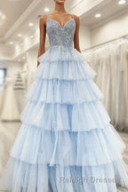 Floral Lace V Neck Multi-Tiered A Line Prom Dresses
