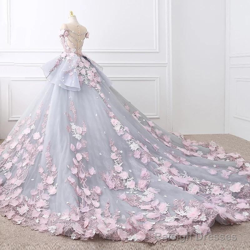 Floral Lace Wedding Dresses Ball Gowns With 3D Flowers