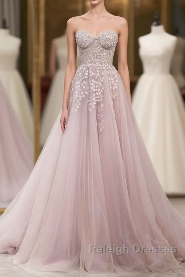 Floral Strapless Pink Lace Appliques Long Prom Dresses