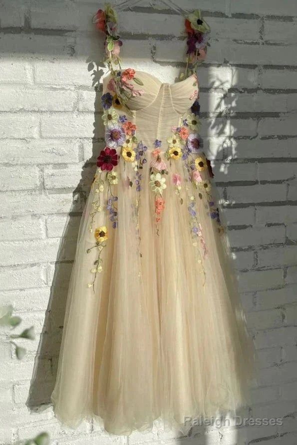 Floral Sweetheart Tulle A Line Champagne Prom Dress