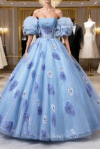 Floral Tulle Long Prom Dress, Blue Short Sleeve Evening Dress