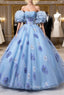 Floral Tulle Long Prom Dress, Blue Short Sleeve Evening Dress