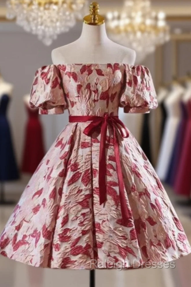 Flower Short Sleeve Off the Shoulder Homecoming Dress