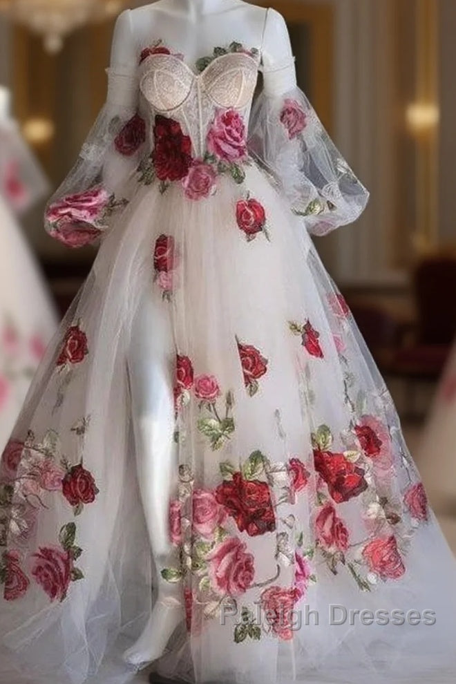 Flowers Appliques Princess A Line Champagne Prom Dress With Slit Main image