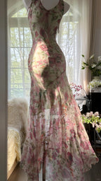 Flowing Chiffon Sequin Print Pink Irregular Skirt Formal Prom Dress