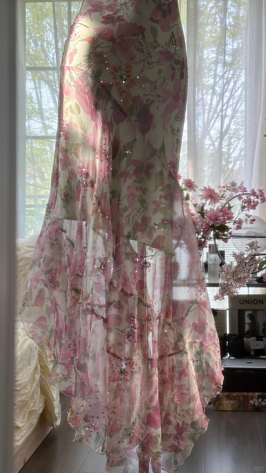 Flowing Chiffon Sequin Print Pink Irregular Skirt Formal Prom Dress