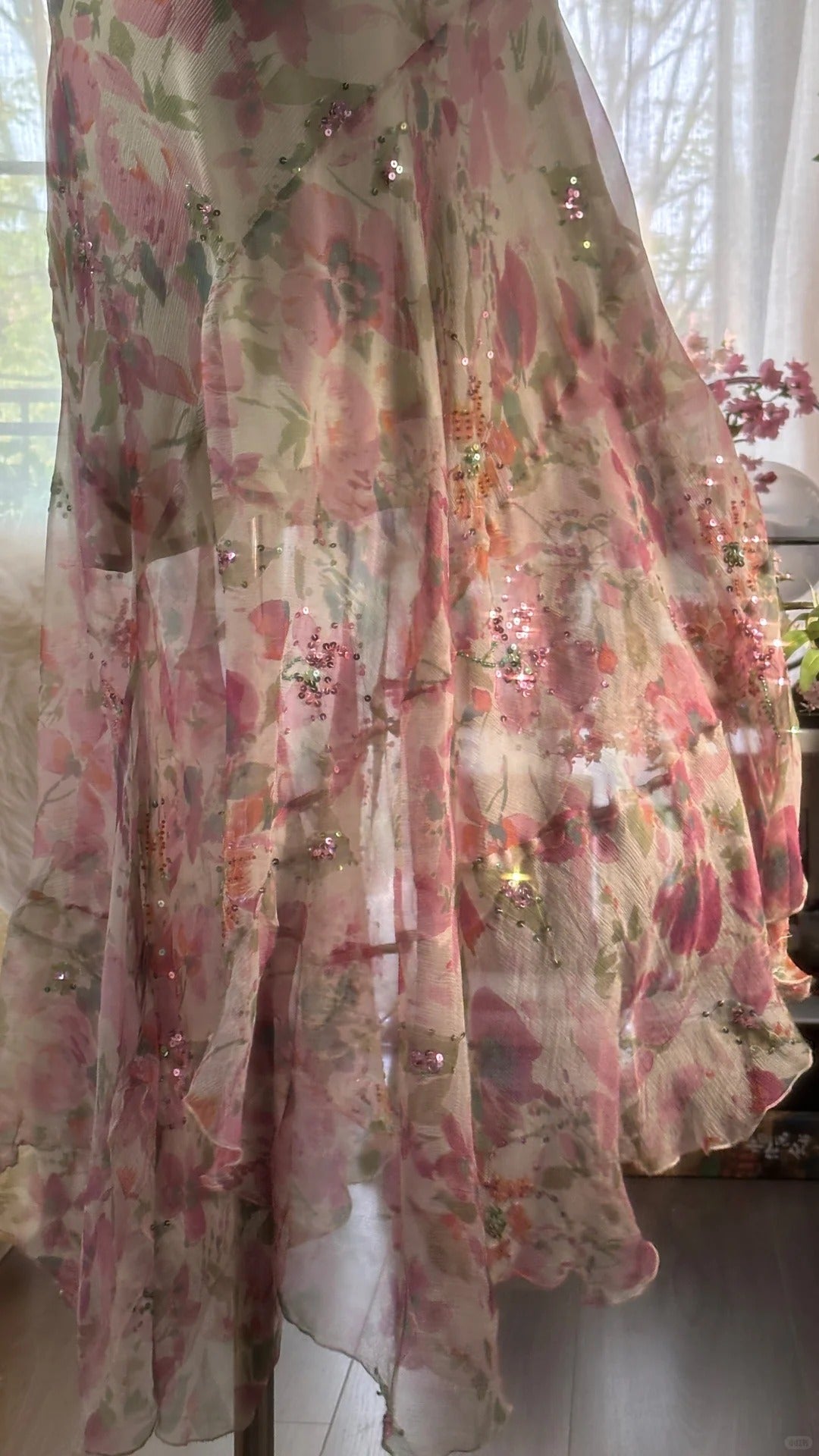 Flowing Chiffon Sequin Print Pink Irregular Skirt Formal Prom Dress