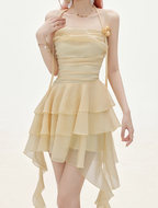 Flowy A-Line Halter Layered Yellow Chiffon Open Back Short Homecoming Dresses Cocktail Dresses