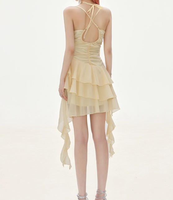 Flowy A-Line Halter Layered Yellow Chiffon Open Back Short Homecoming Dresses Cocktail Dresses