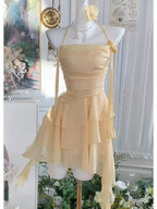 Flowy A-Line Halter Layered Yellow Chiffon Open Back Short Homecoming Dresses Cocktail Dresses
