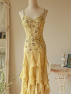 Flowy Strapless Yellow Beaded Jellyfish Skirt Chiffon Formal Prom Dress
