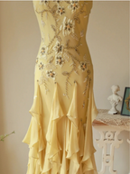 Flowy Strapless Yellow Beaded Jellyfish Skirt Chiffon Formal Prom Dress