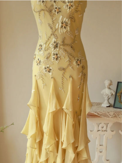 Flowy Strapless Yellow Beaded Jellyfish Skirt Chiffon Formal Prom Dress
