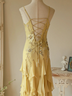 Flowy Strapless Yellow Beaded Jellyfish Skirt Chiffon Formal Prom Dress