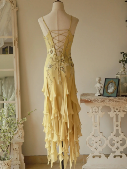 Flowy Strapless Yellow Beaded Jellyfish Skirt Chiffon Formal Prom Dress
