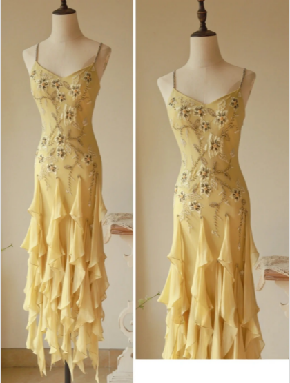 Flowy Strapless Yellow Beaded Jellyfish Skirt Chiffon Formal Prom Dress
