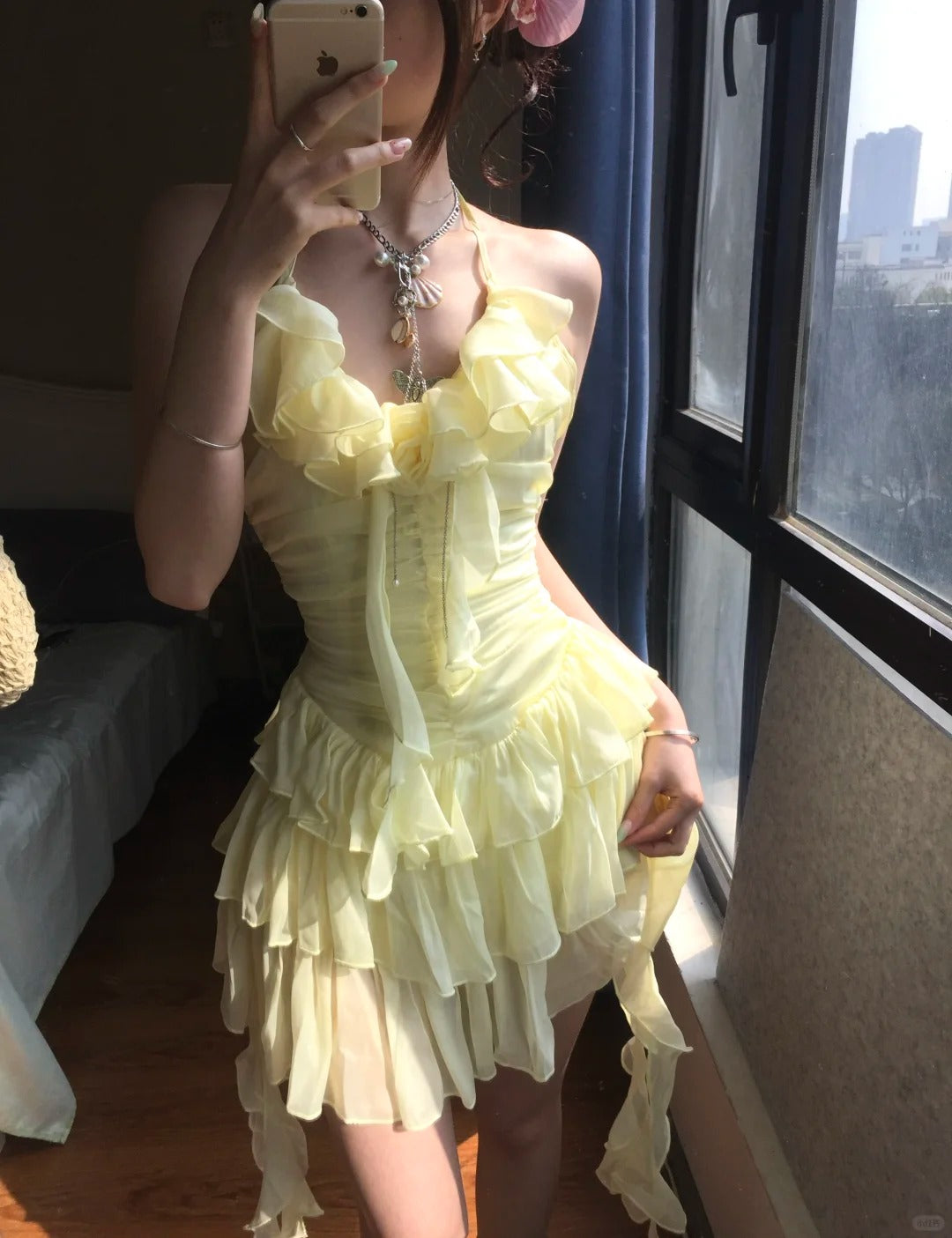 Flowy Yellow Chiffon Ruffle Mini 17Th Birthday Homecoming Dress Secondary image