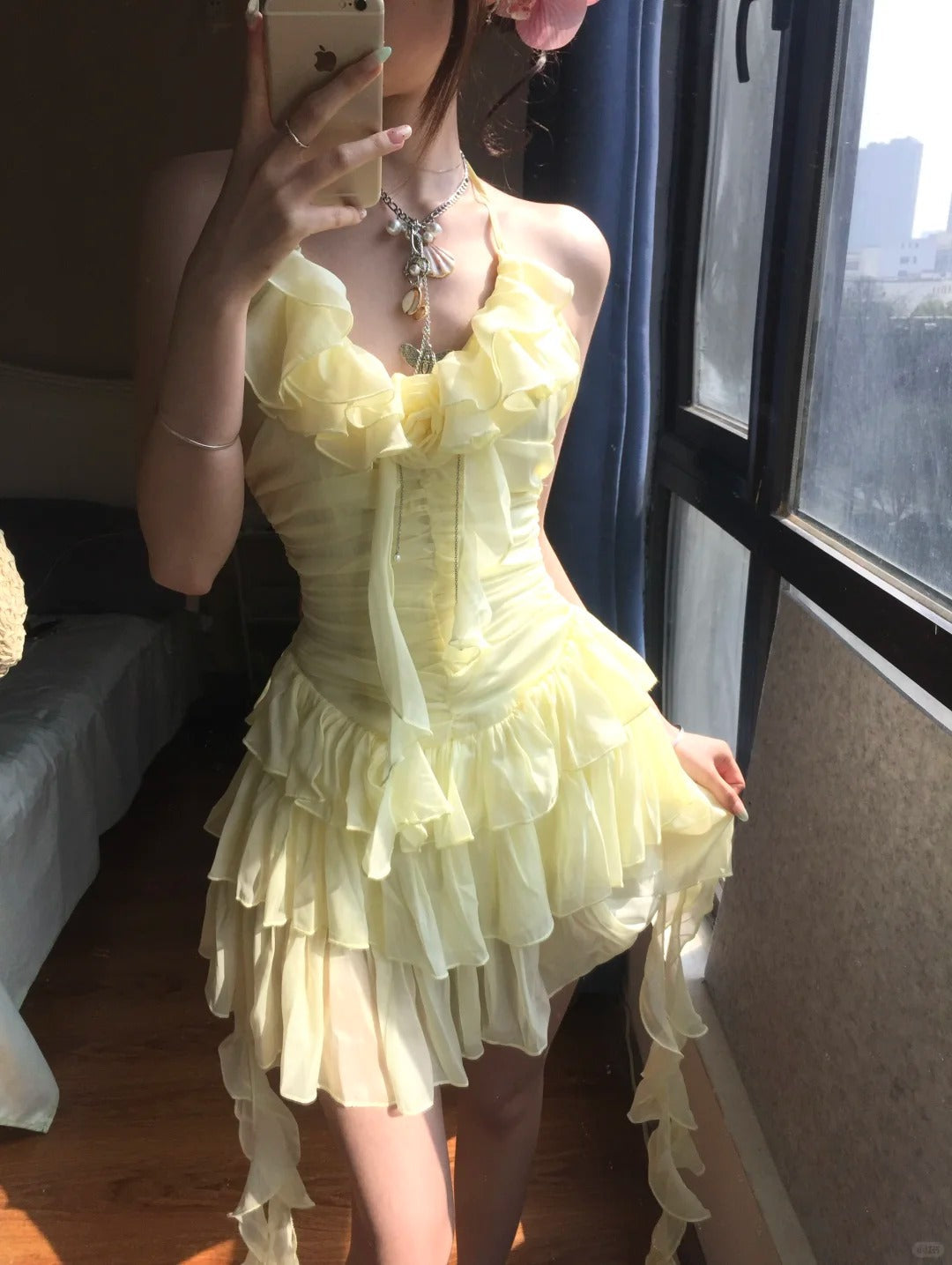 Flowy Yellow Chiffon Ruffle Mini 17Th Birthday Homecoming Dress