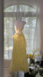 Flowy Yellow Spaghetti Strap Chiffon Beaded Mermaid Prom Gown Formal Prom Dress