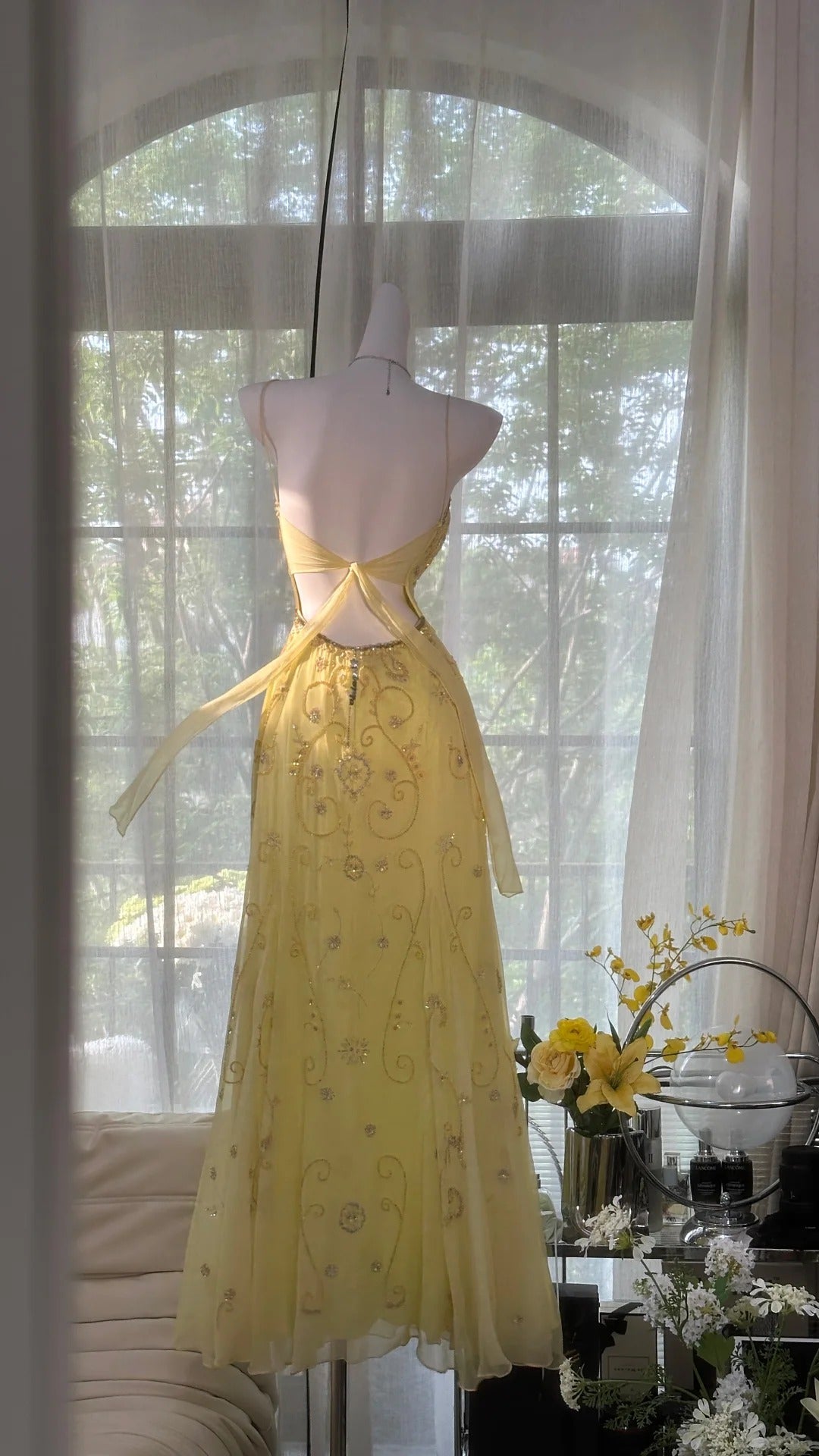 Flowy Yellow Spaghetti Strap Chiffon Beaded Mermaid Prom Gown Formal Prom Dress