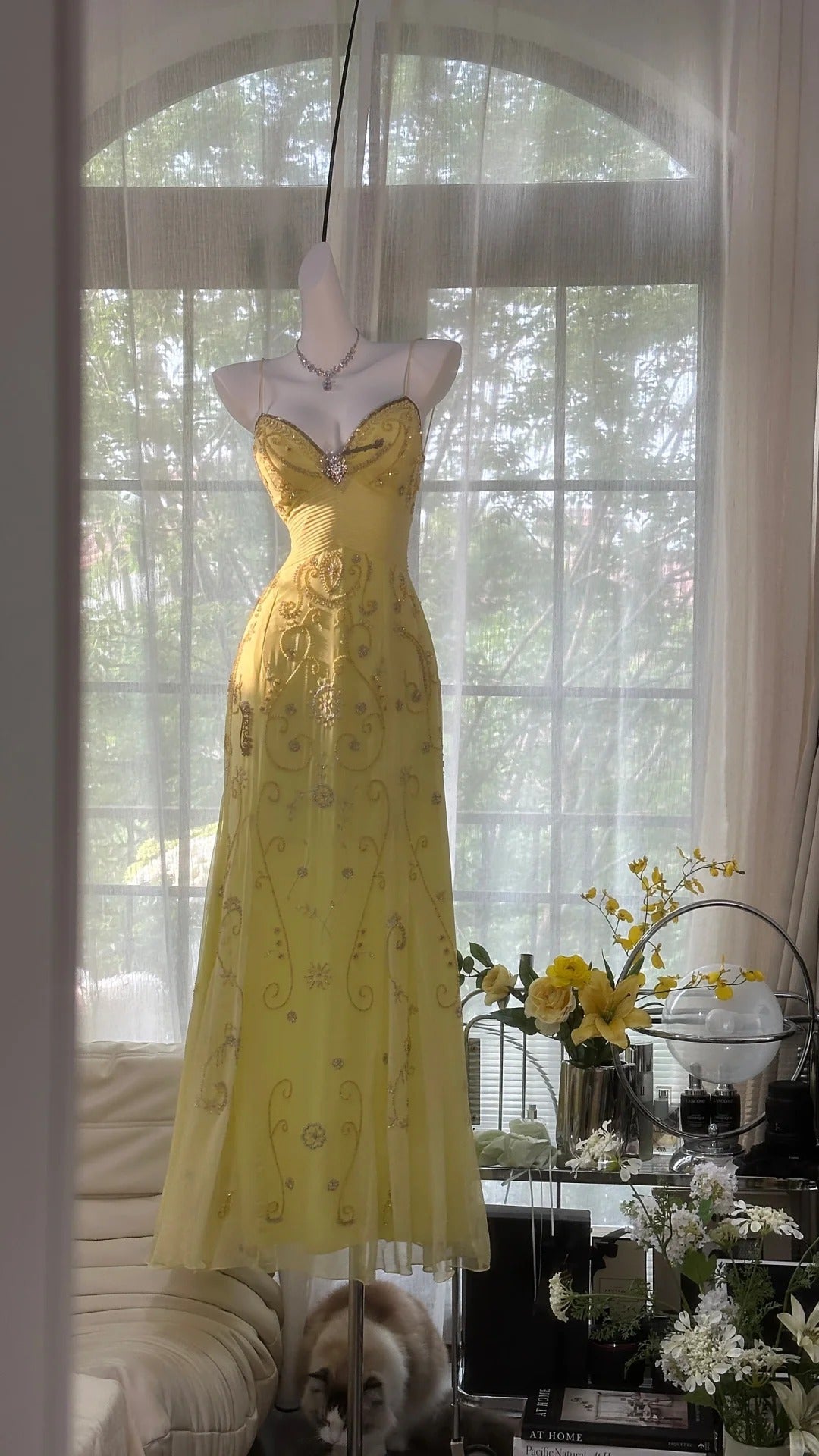 Flowy Yellow Spaghetti Strap Chiffon Beaded Mermaid Prom Gown Formal Prom Dress