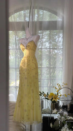 Flowy Yellow Spaghetti Strap Chiffon Beaded Mermaid Prom Gown Formal Prom Dress