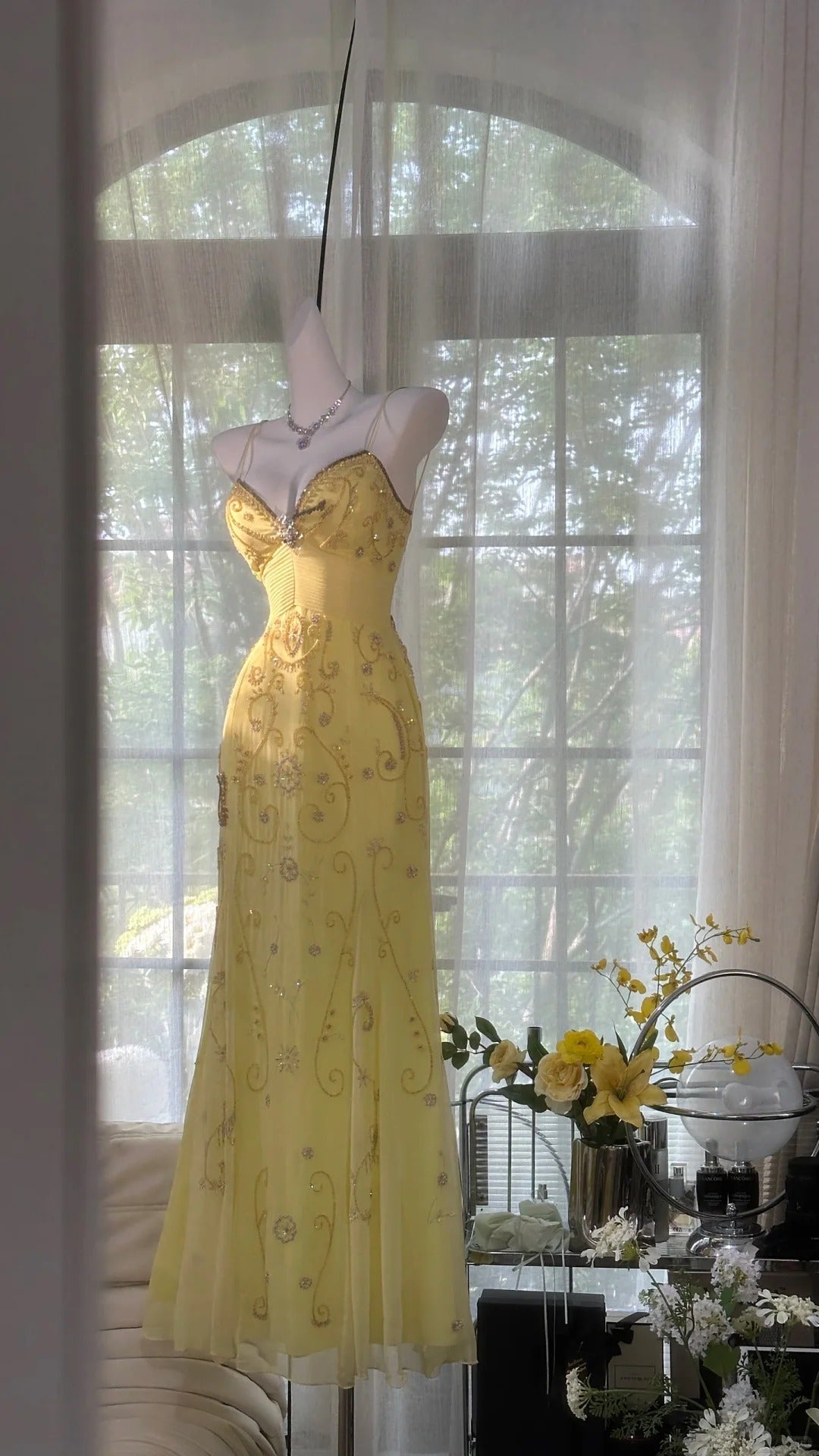 Flowy Yellow Spaghetti Strap Chiffon Beaded Mermaid Prom Gown Formal Prom Dress