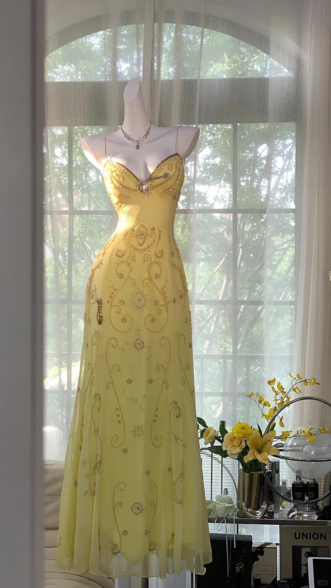 Flowy Yellow Spaghetti Strap Chiffon Beaded Mermaid Prom Gown Formal Prom Dress