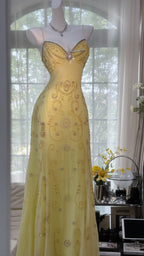 Flowy Yellow Spaghetti Strap Chiffon Beaded Mermaid Prom Gown Formal Prom Dress