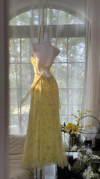 Flowy Yellow Spaghetti Strap Chiffon Beaded Mermaid Prom Gown Formal Prom Dress