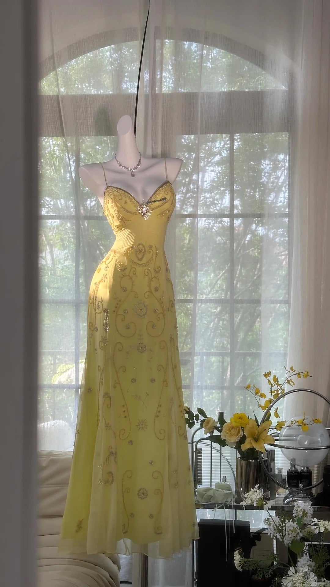Flowy Yellow Spaghetti Strap Chiffon Beaded Mermaid Prom Gown Formal Prom Dress