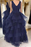 Fluffy V Neck Backless Navy Blue Lace Long Prom Dress, Open Back Navy Blue Lace Formal Dress, Navy Blue Lace Evening Dress, Ball Gown