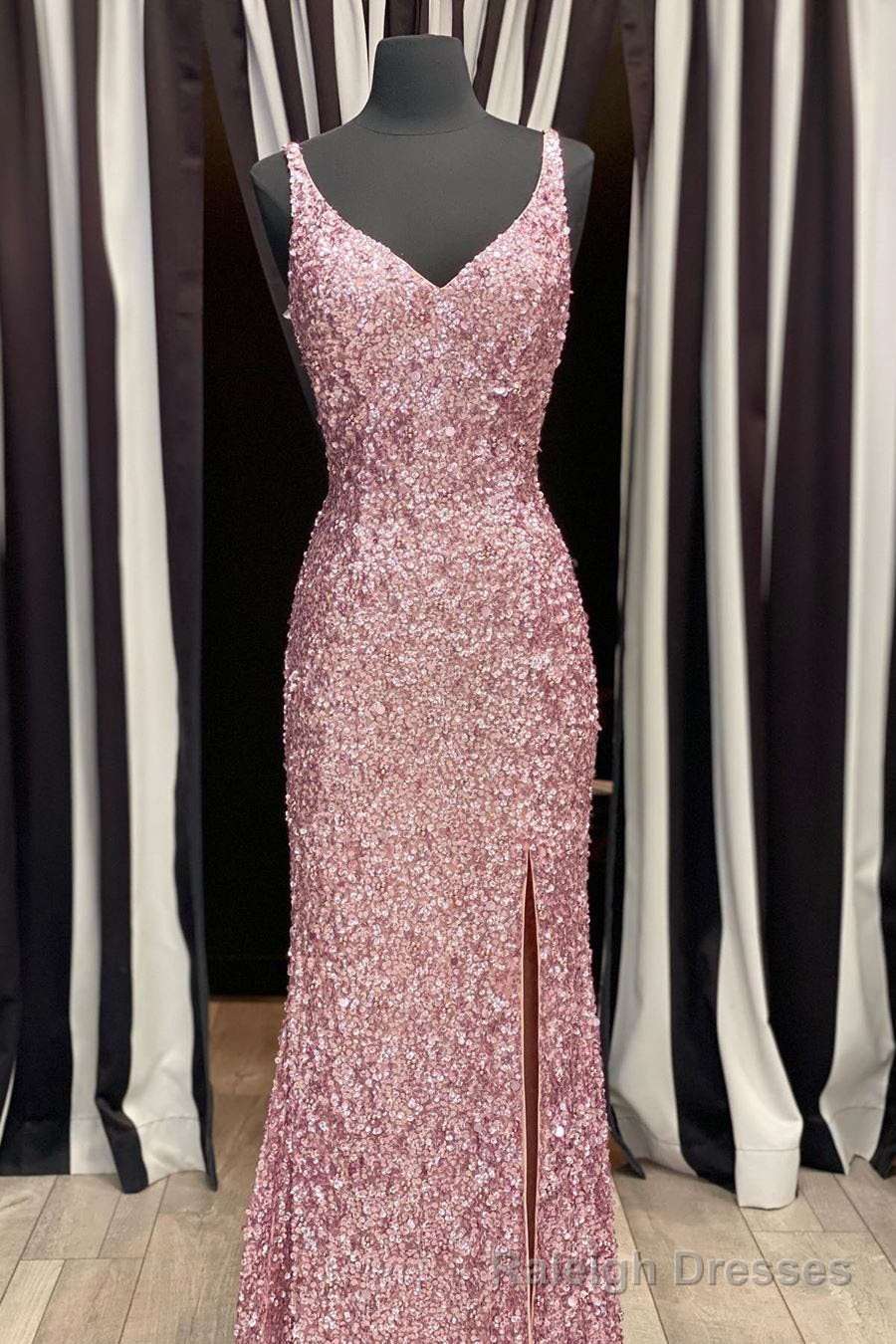 Gorgeous Mermaid V Neck Straps Pearl Pink Sequin Long Prom Dress, Prom Outfits With Slit Main image
