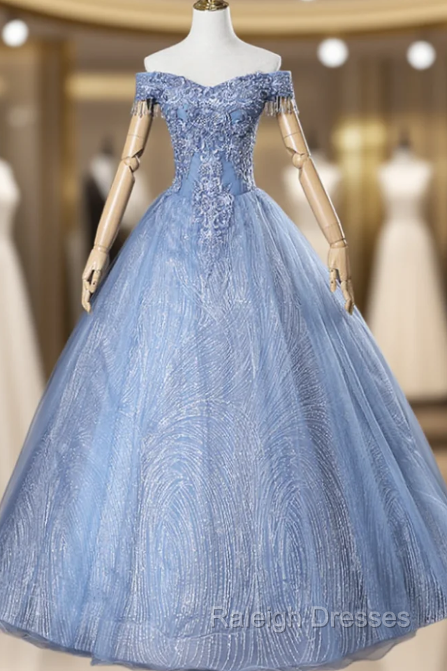 For The Very Best In Unique Or Custom. Blue Ball Gown Tulle Sequins Off the Shoulder Beading Quinceanera Dresses