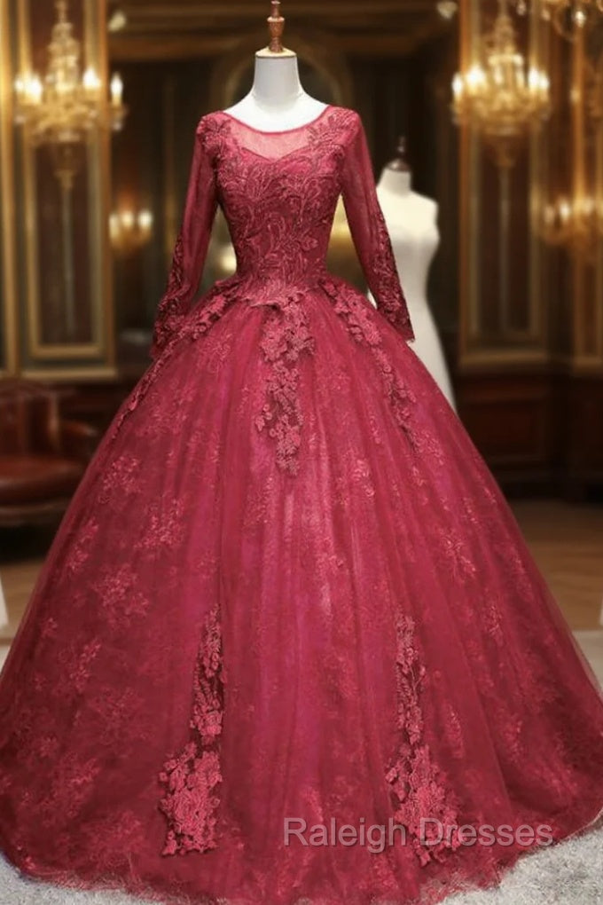 For This Year Biggest Dance Burgundy Ball Gown Long Sleeve Appliques Beading Quinceanera Dress