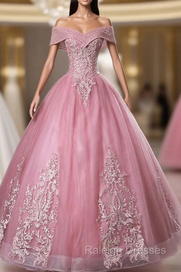 For This Year Biggest Dance Pink Ball Gown Tulle Appliques Beading Off twe Shoulder Quinceanera Dress