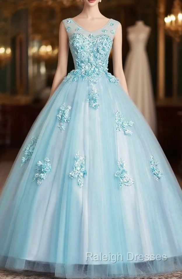 For This Year Biggest Dance Sky Blue Ball Gown Tulle Appliques V-neck Quinceanera Dress Main image