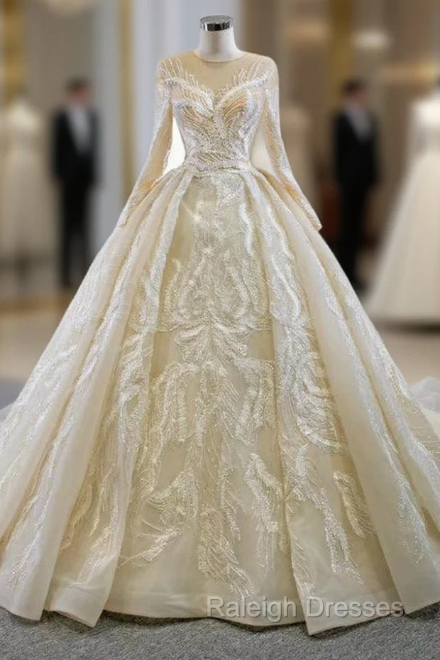 For You Champagne Ball Gown Tulle Appliques Long Sleeve Beading Wedding Dress