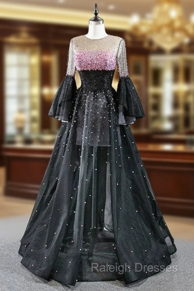 For You Next Prom Dance Black Ball Gown Tulle Long Sleeve Beading Prom Dress