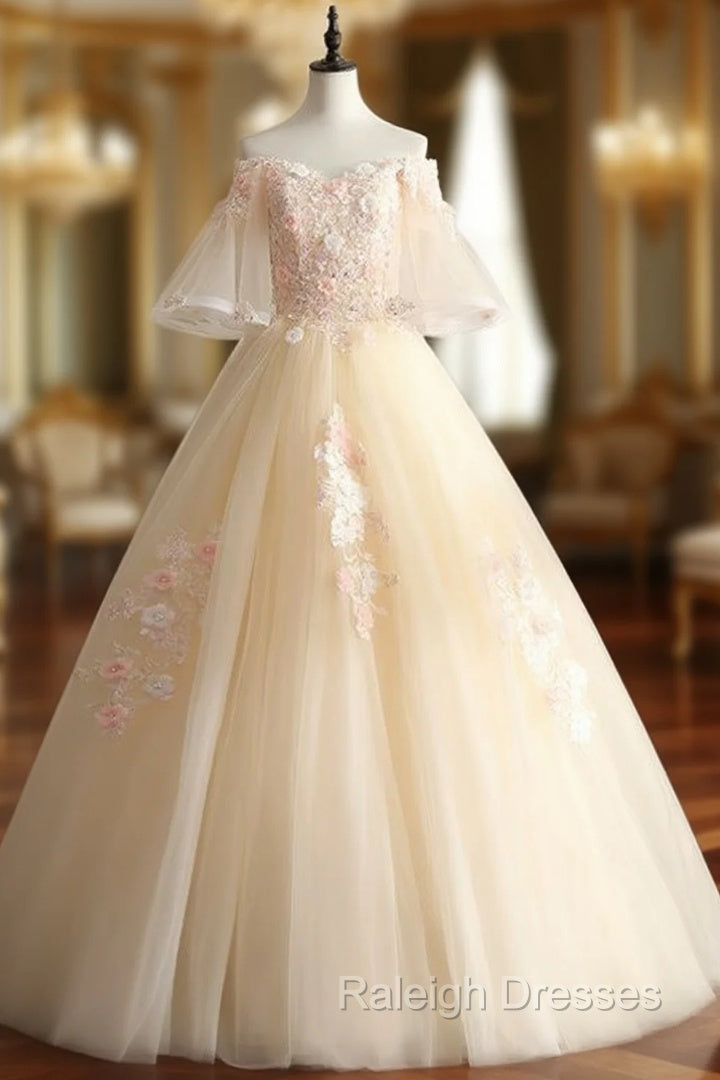 For You Next Prom Dance Champagne Ball Gown Tulle Off the Shoulder Horn Sleeve Quinceanera Dress Main image