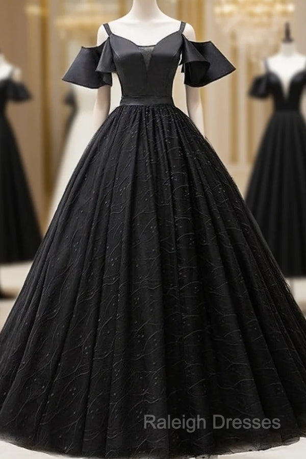 For Your Big Night Black Ball Gown Tulle Spagehtti Straps Quinceanera Dress