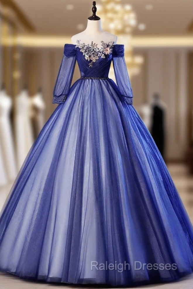 For Your Big Night Navy Blue Ball Gown Tulle Long Sleeve Appliques Quinceanera Dress