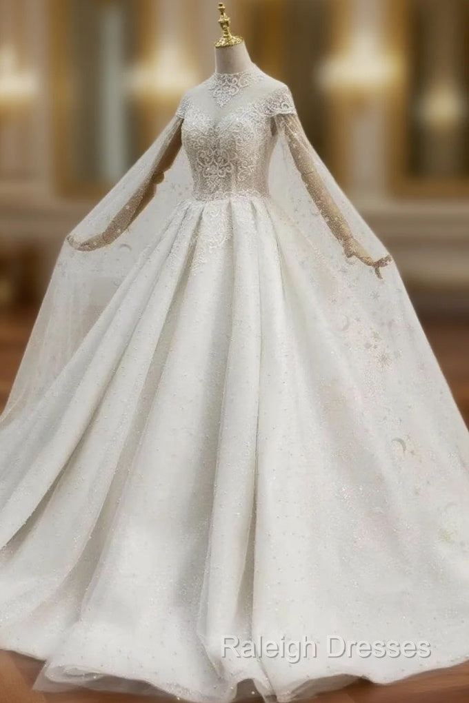 For Your Big Night White Tulle High Neck Cap Sleeve Backless Pearls Beading Wedding Dress Main image