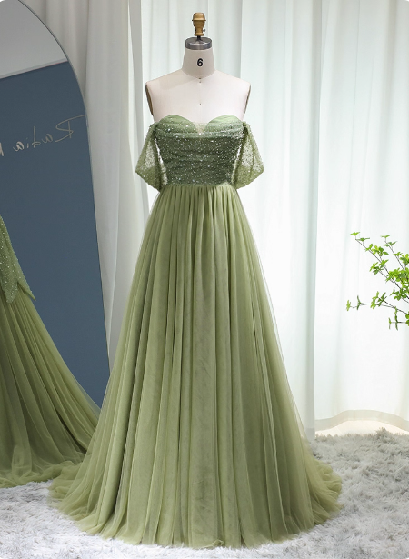 Forest Avocado Green Off-The-Shoulder Sequin Tulle Train Formal Prom Dress Secondary image