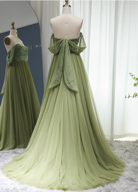 Forest Avocado Green Off-The-Shoulder Sequin Tulle Train Formal Prom Dress