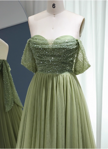 Forest Avocado Green Off-The-Shoulder Sequin Tulle Train Formal Prom Dress
