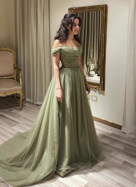 Forest Avocado Green Off-The-Shoulder Sequin Tulle Train Formal Prom Dress Main image