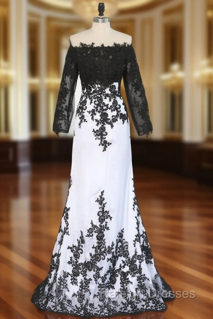 Formal Celebrity Dresses Mermaid Long Sleeves Evening Dress Black White Appliques Main image