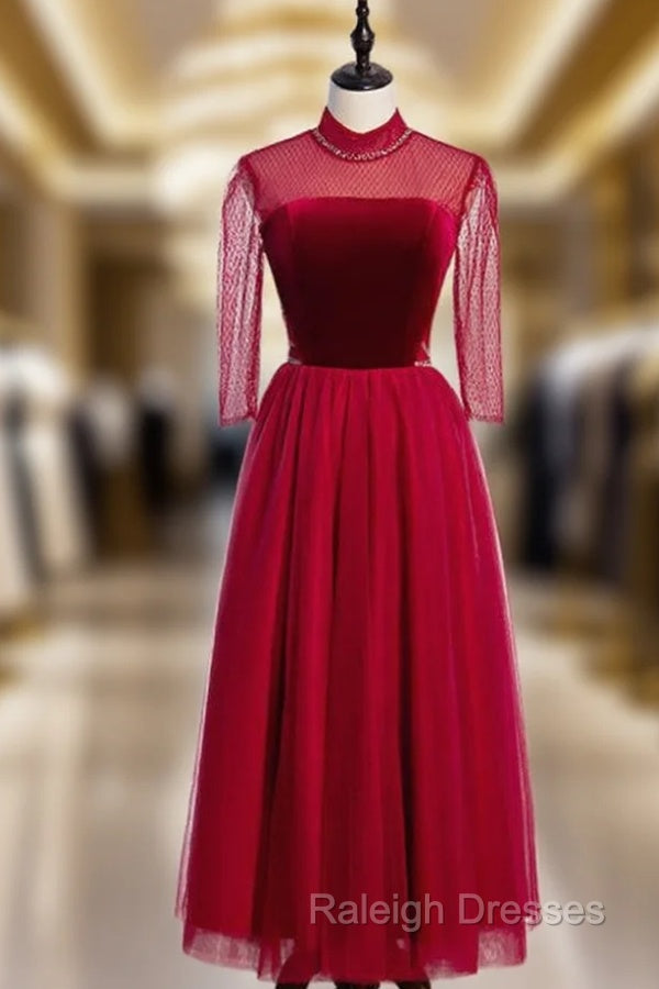 Formal Tulle Burgundy Short Sleeve High Neck Prom Dress Main image